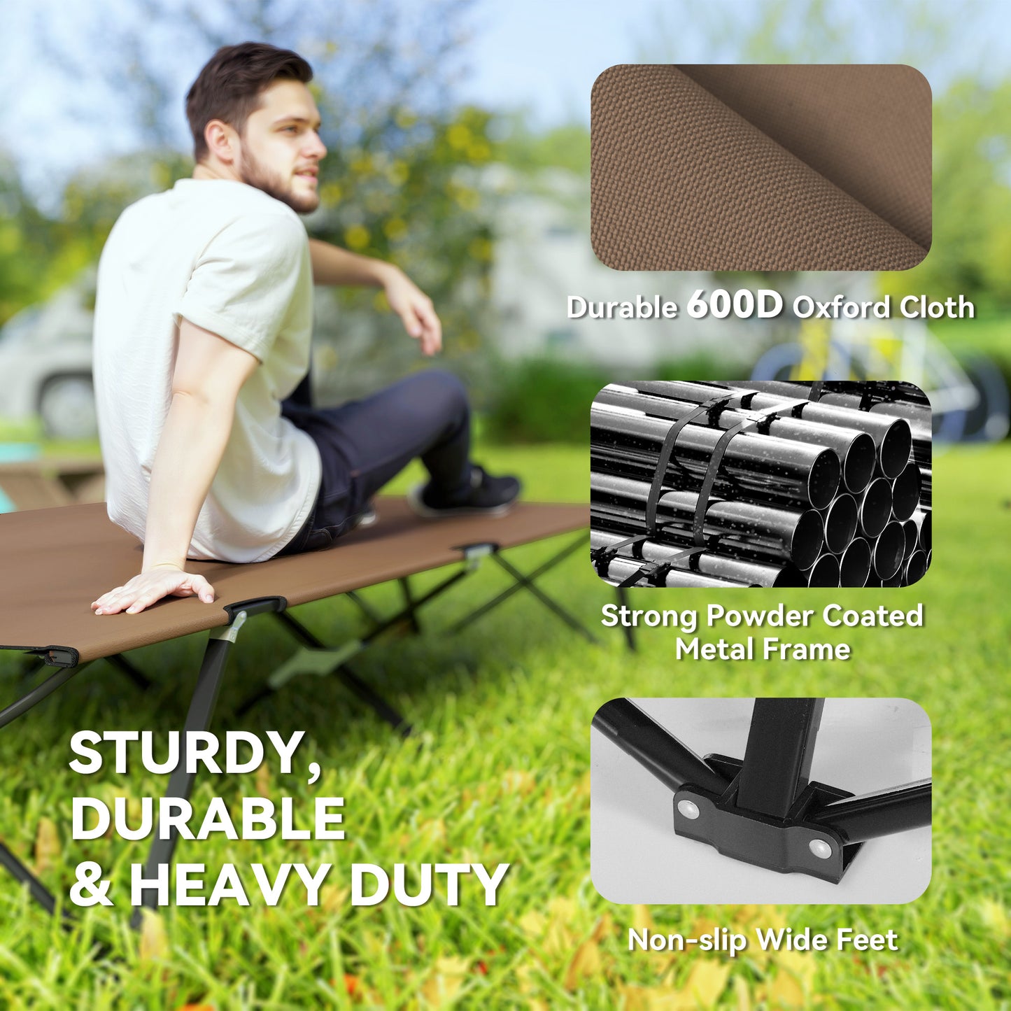 Lit de camp pliable pour deux personnes 76 pouces portable avec sac de transport, kaki