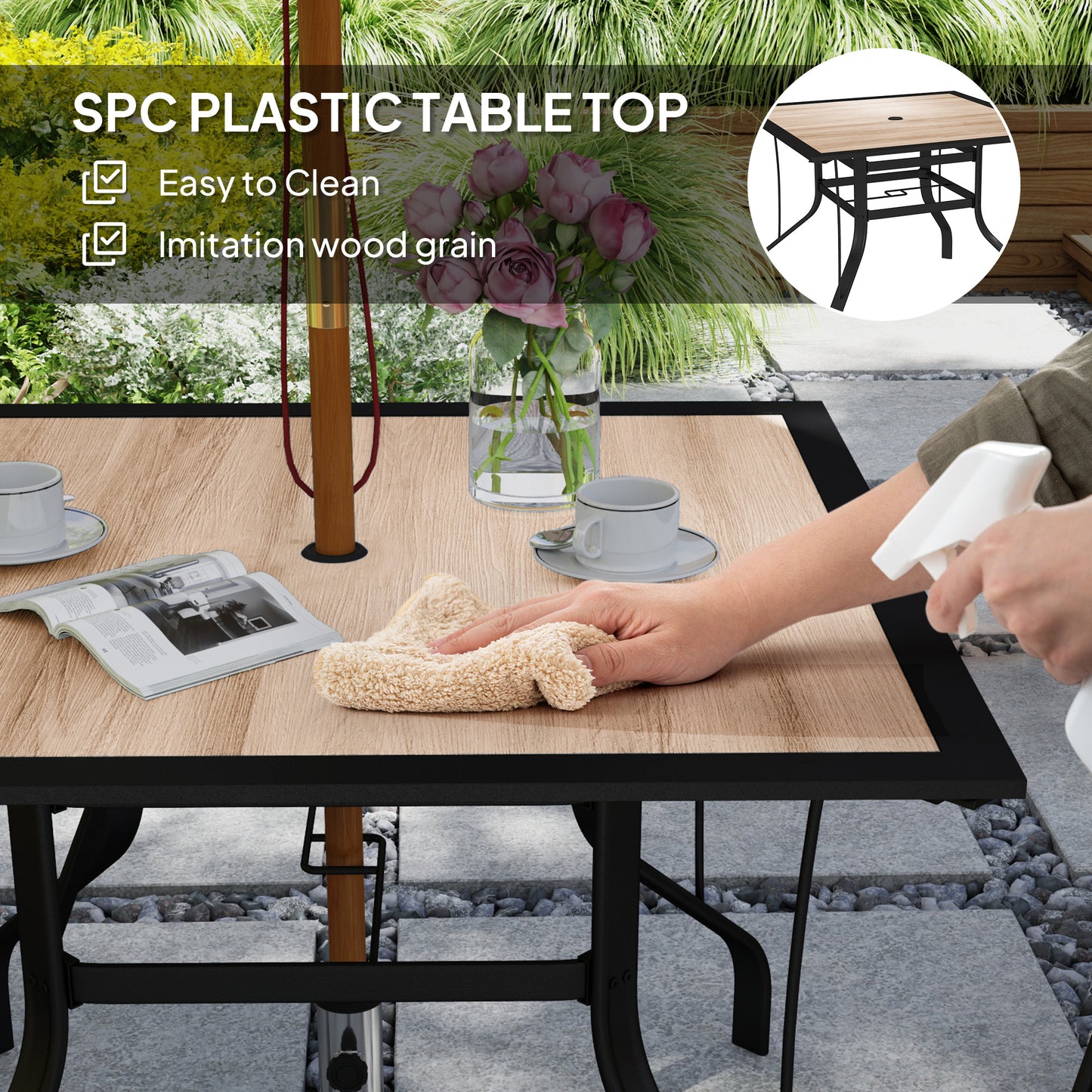 Outsunny Square Dining Table 91 x 91 x 71 cm with Umbrella Hole, Easy Clean Tabletop and Stainless Steel Frame, for Garden and Poolside.