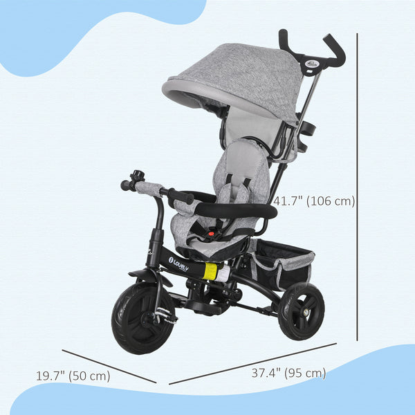 Tricycle 6 en 1 pour tout-petits avec panier, auvent, harnais de sécurité 5 points, gris