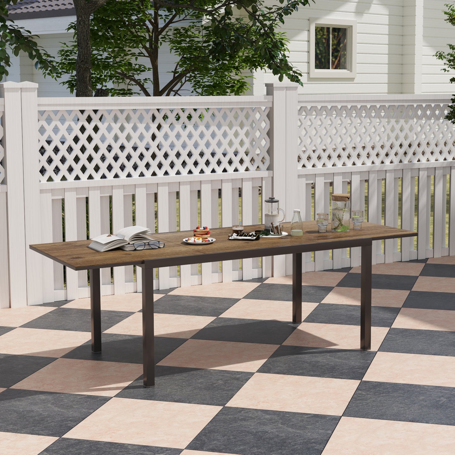 Table à manger extensible pour 6 à 8 personnes, avec bordure en aluminium et cadre en acier, marron
