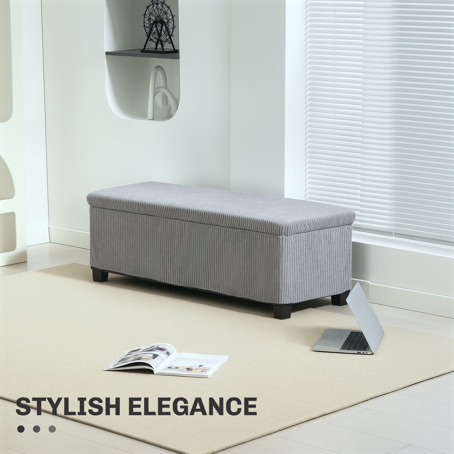 Pouf avec rangement, couvercle, pieds, banc de bout de lit en velours, gris clair