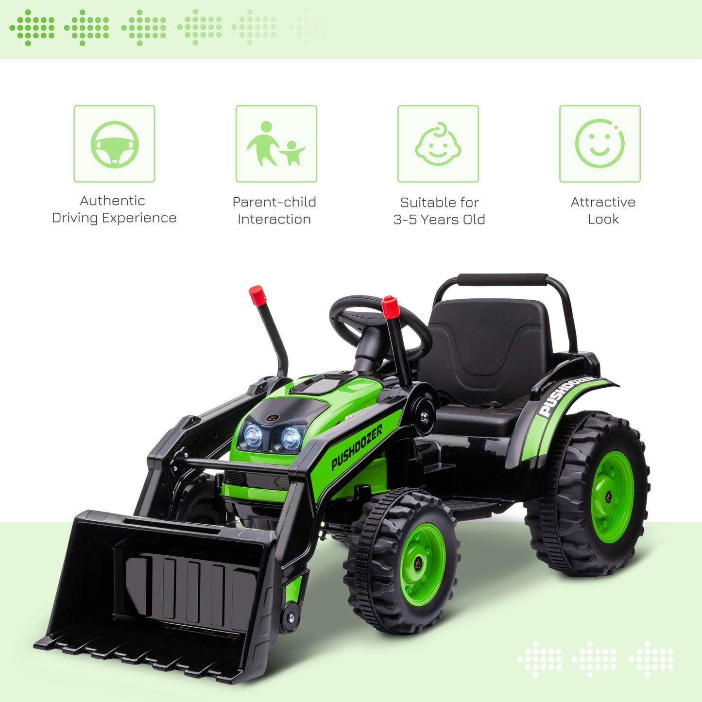 6 Volt Battery Powered Kids Tractor, Ride-On Excavator, Music, Front Headlight, Reverse, Green
