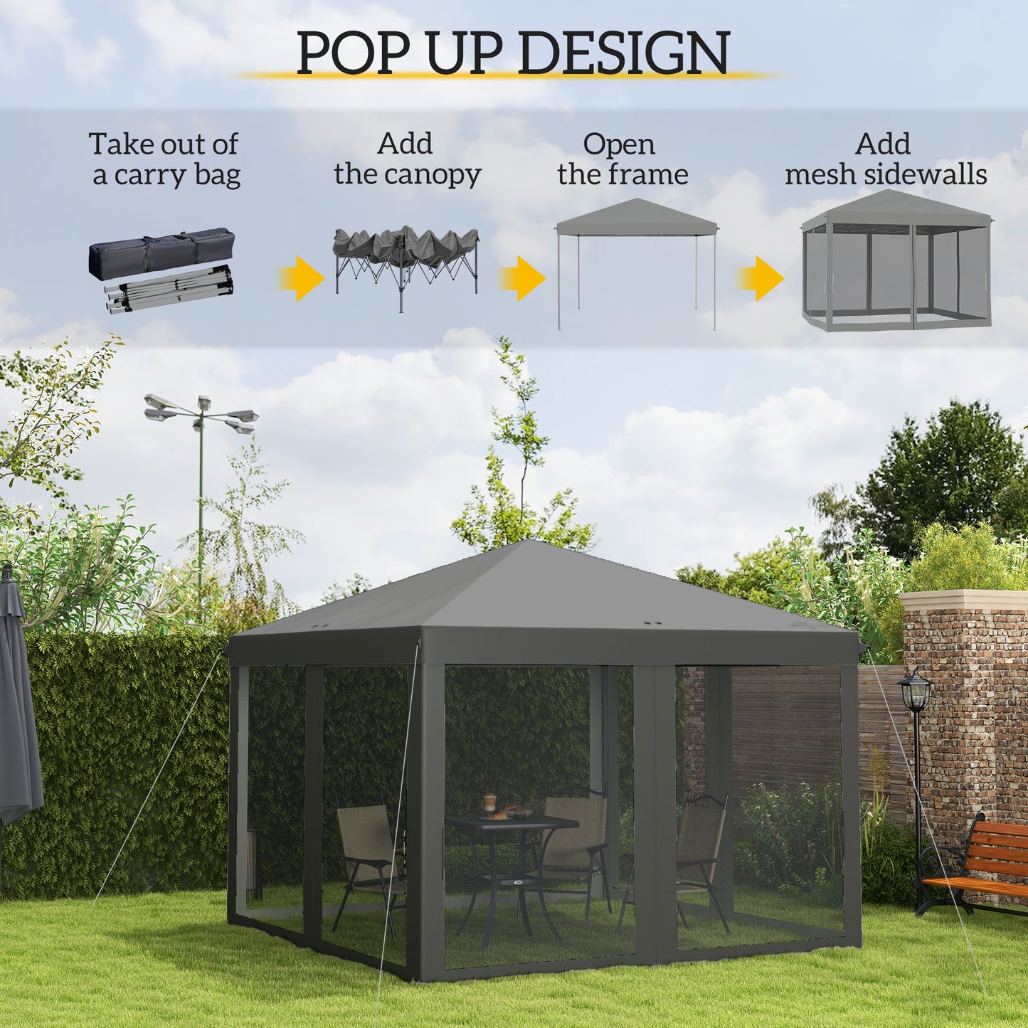 Gazebo 10' x 10' avec filet latéral amovible et sac de transport pour terrasse extérieure, gris clair
