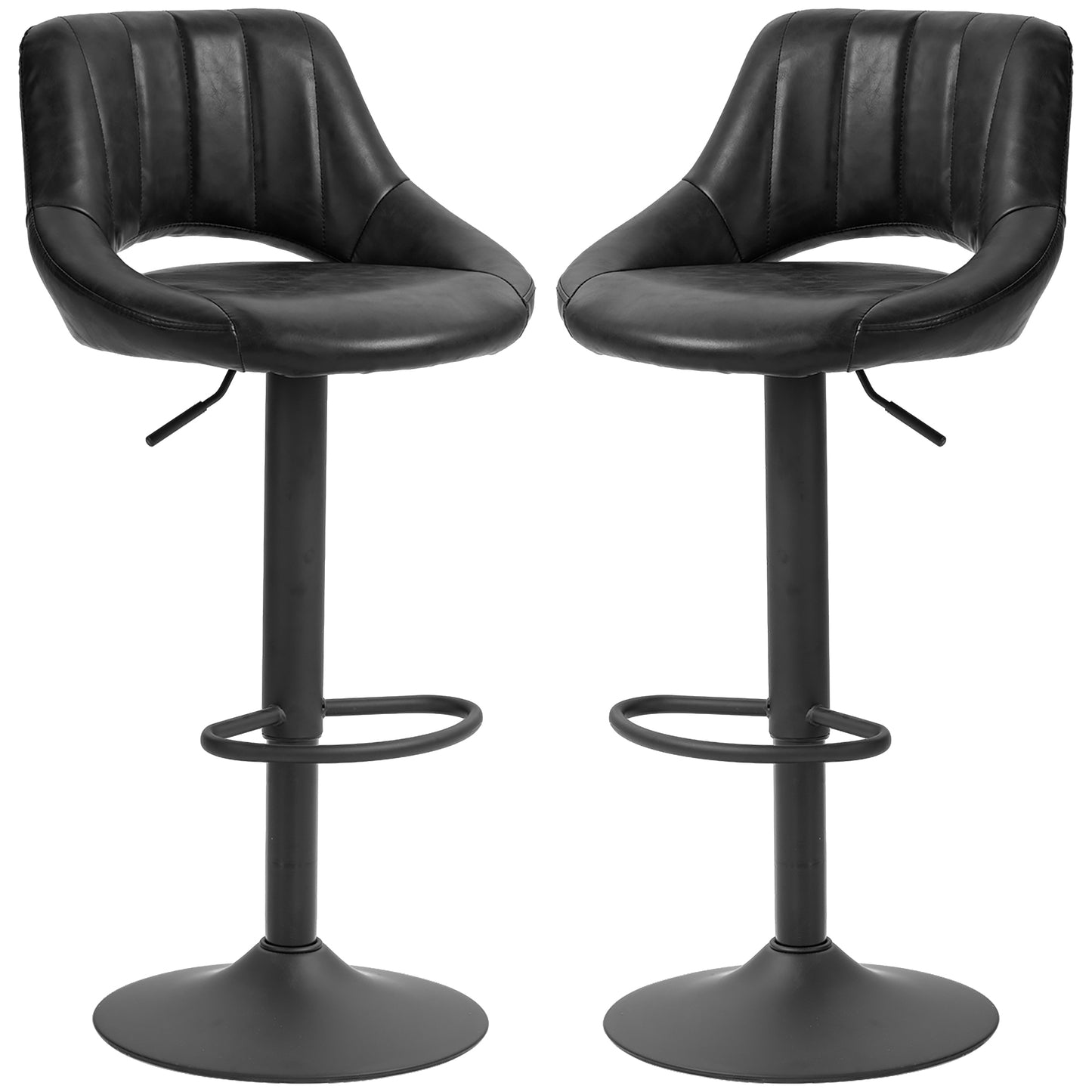 Lot de 2 tabourets de bar pivotants, rembourrés en similicuir, hauteur comptoir, avec base ronde en métal, Noir