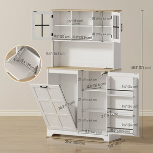 Meuble de rangement avec station de charge, poubelle de 7 gallons et étagères réglables, blanc