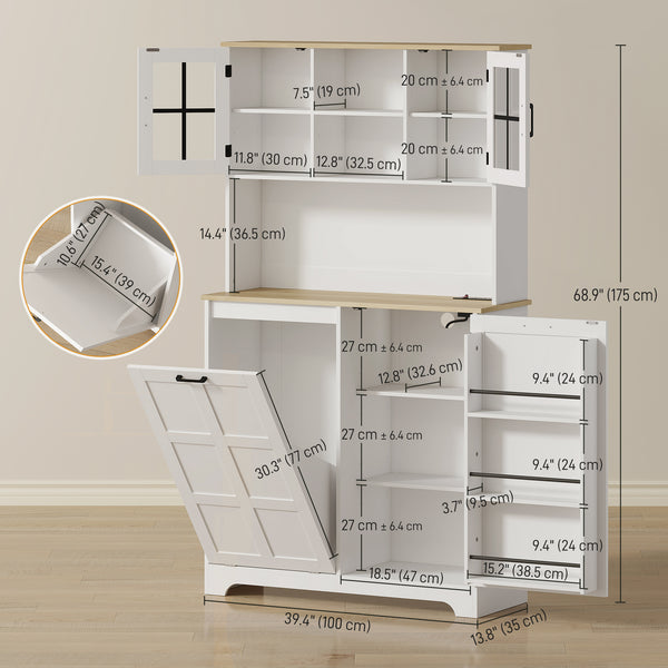 Meuble de rangement avec station de charge, poubelle de 7 gallons et étagères réglables, blanc