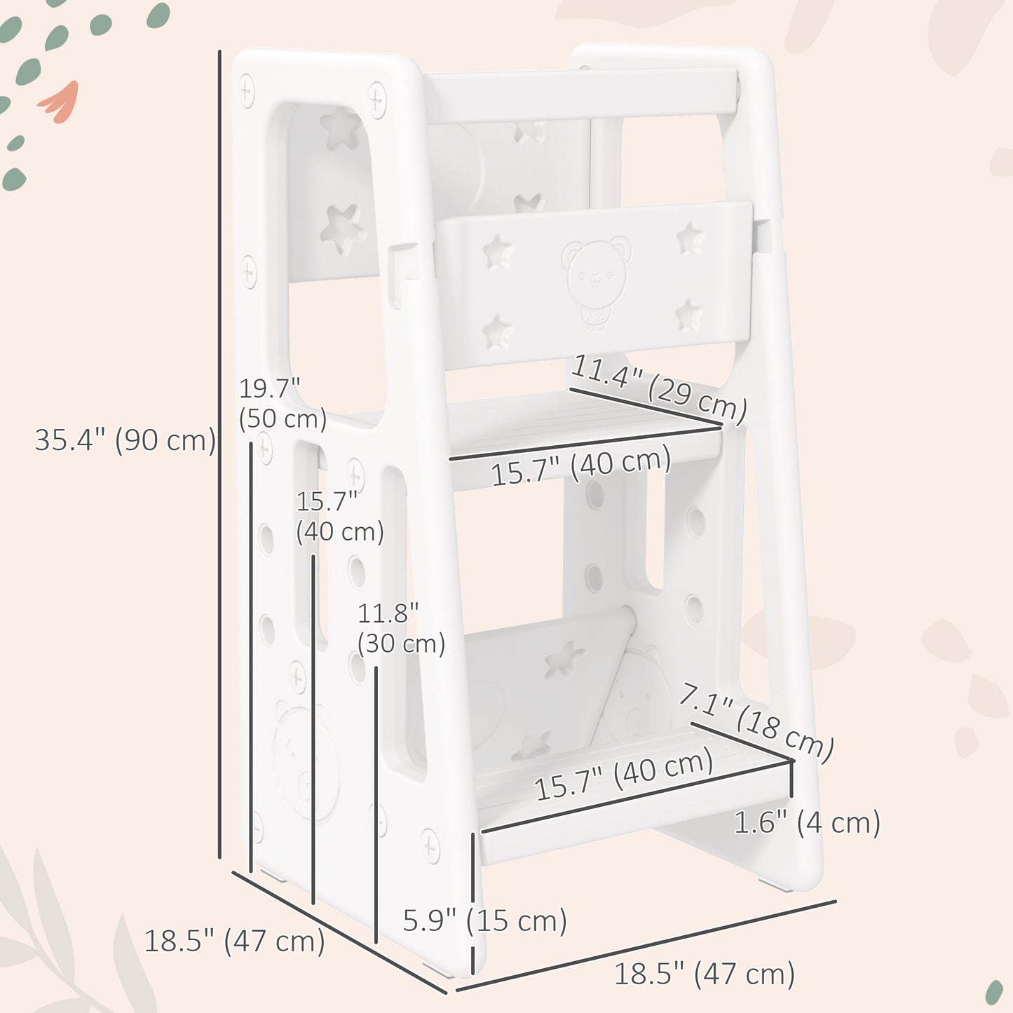 Toddler Stool, 2 Steps, with Height Adjustable Platform and Safety Rail, White