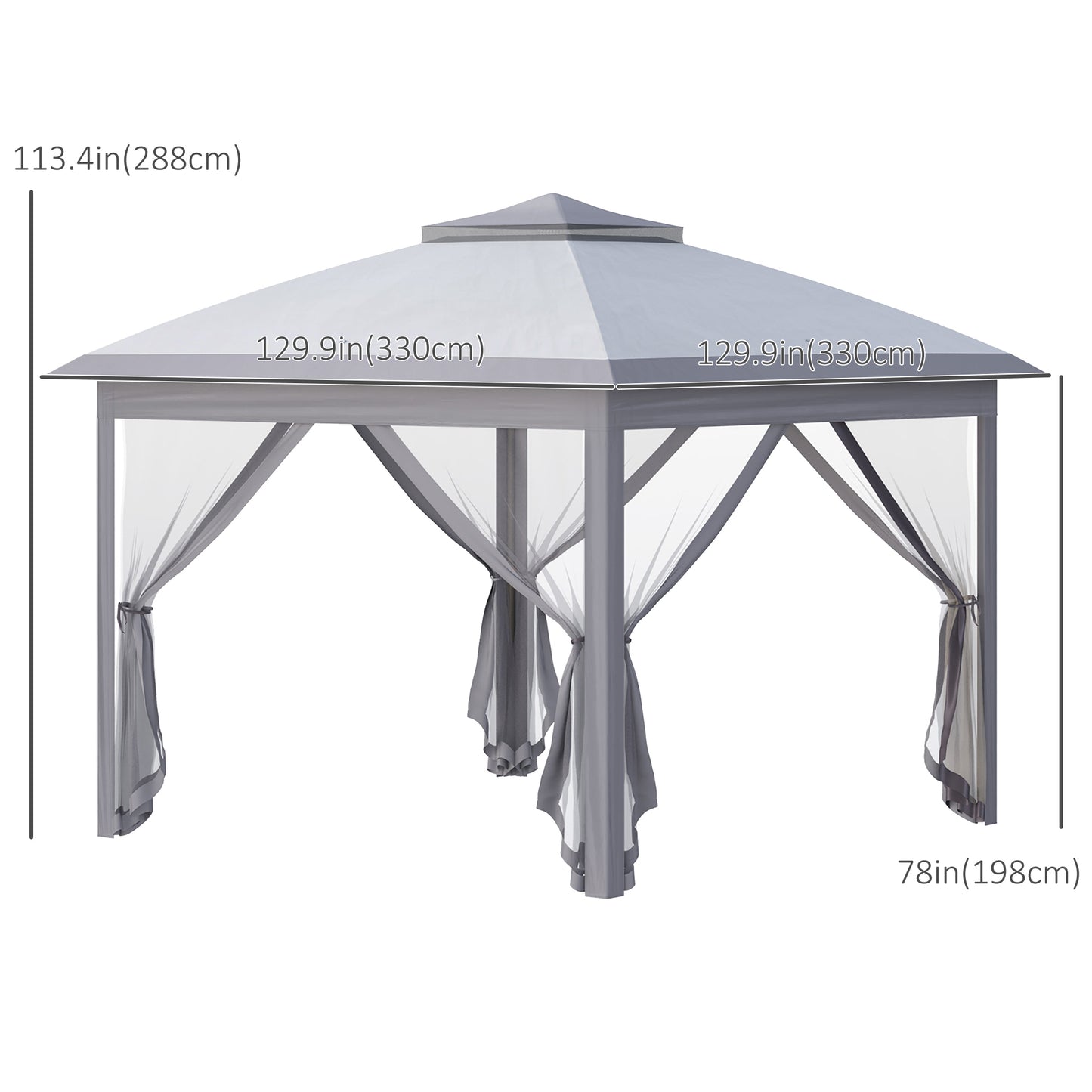 Gazebo pliant 11' x 11', tente pliable à double toit avec parois latérales en maille zippée, hauteur réglable et sac de transport, gris