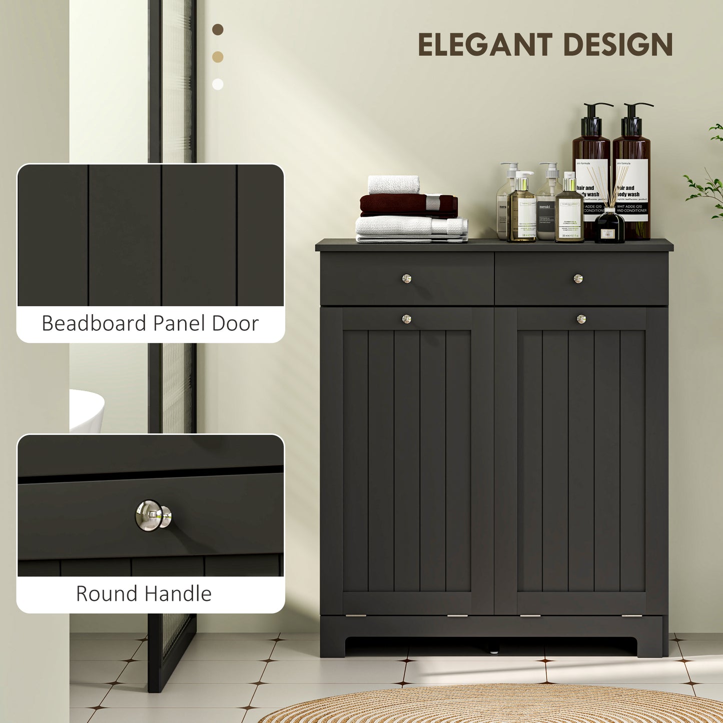 Tilting laundry basket cabinet with 2 baskets and 2 drawers, black
