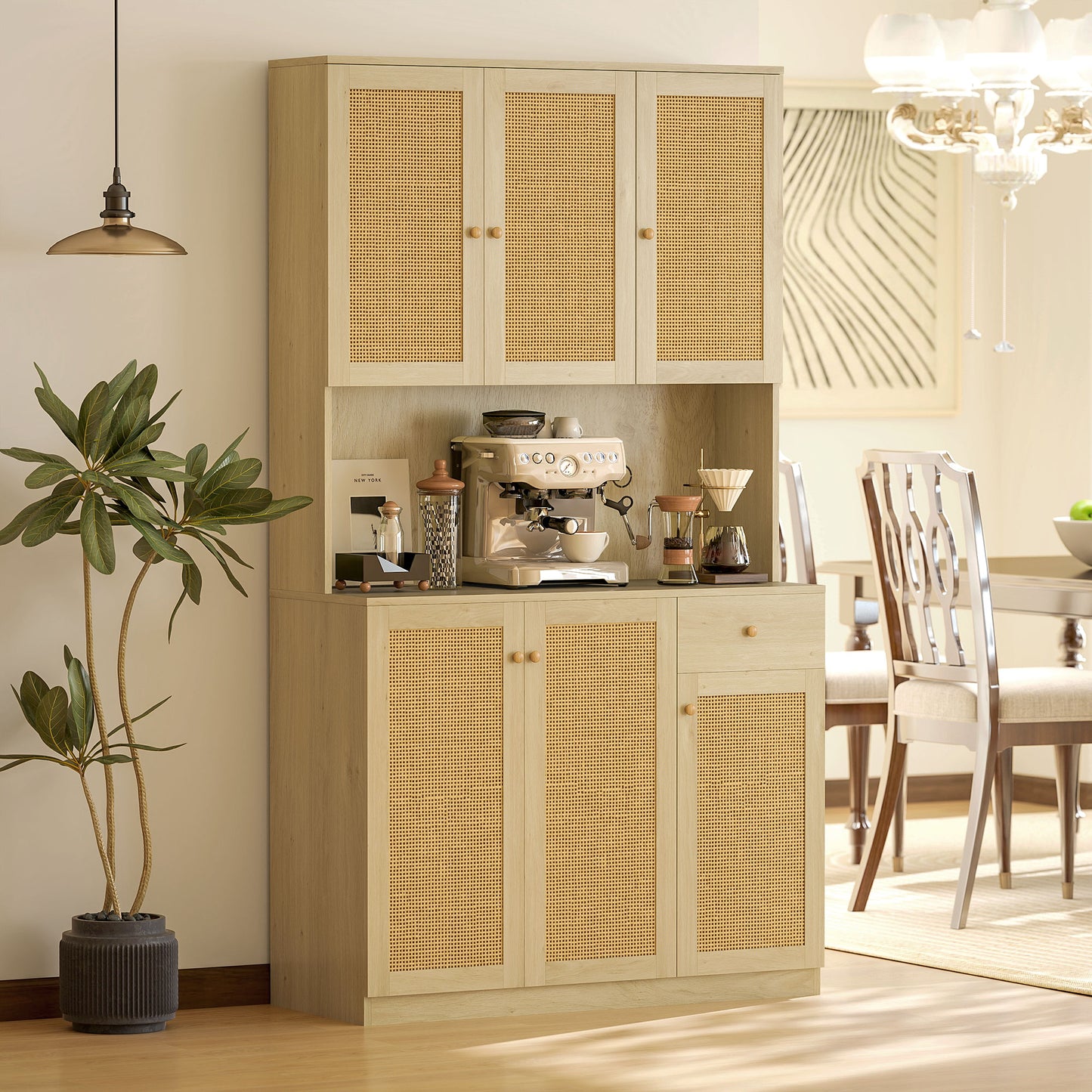 Bohemian style kitchen sideboard with microwave worktop, with decorative rattan doors, natural color