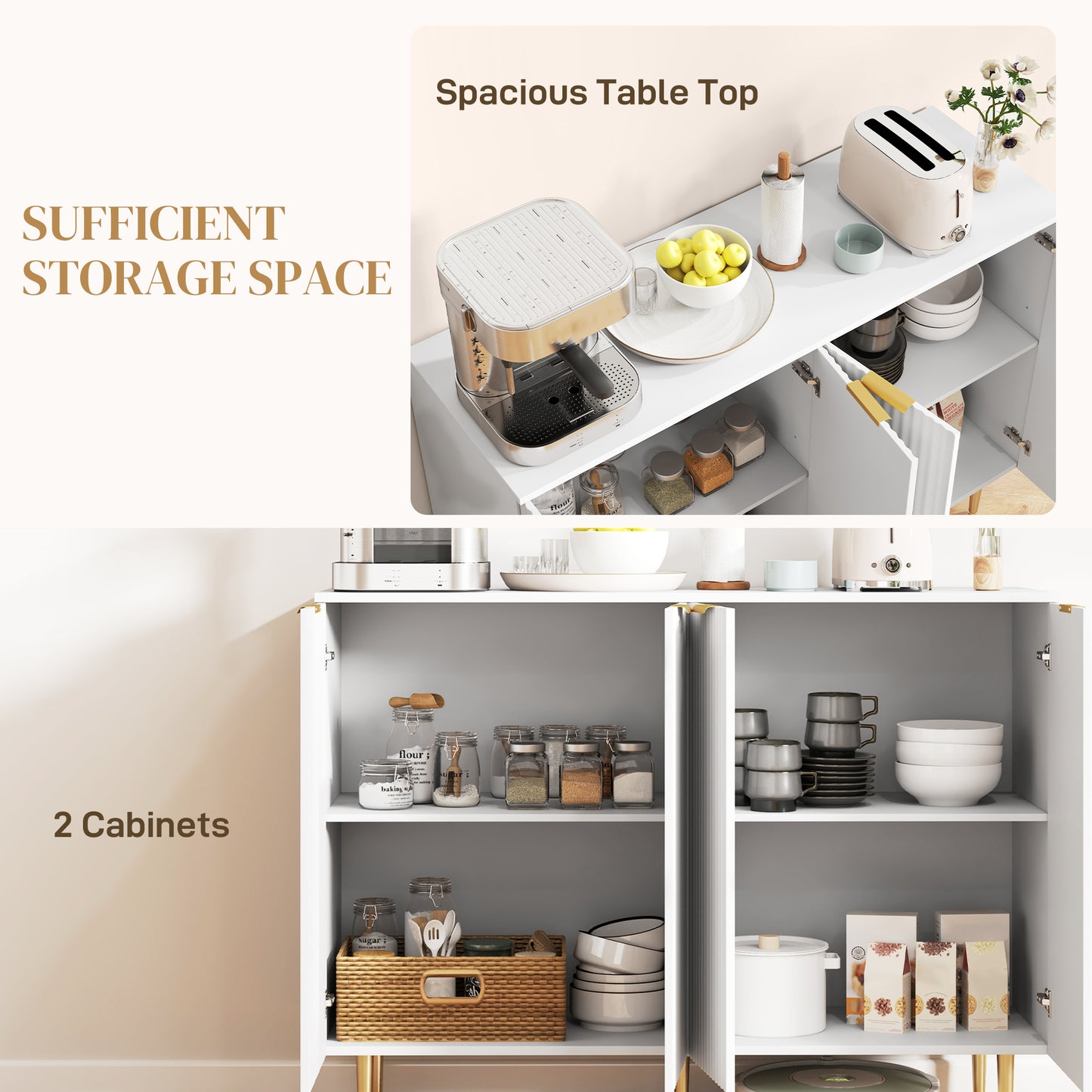 Meuble de rangement de cuisine moderne, buffet avec étagères réglables, blanc
