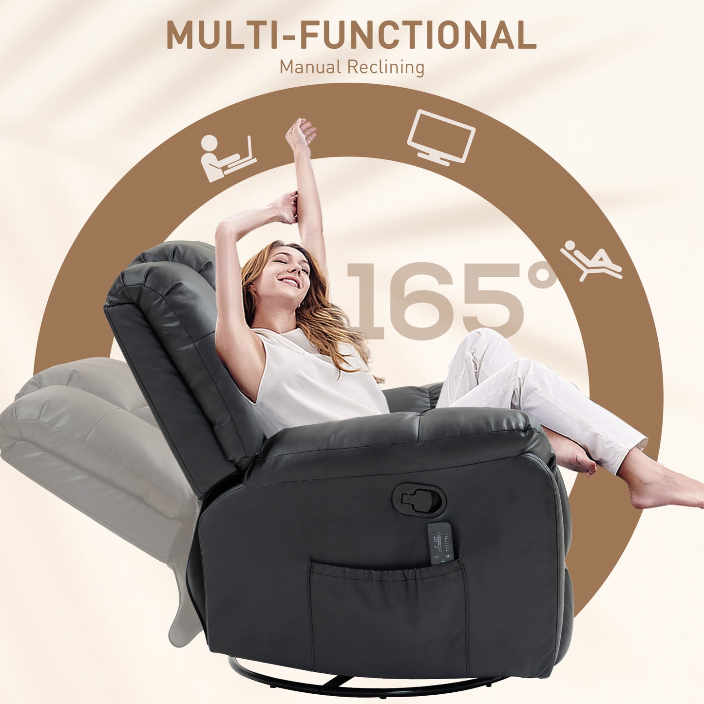 Fauteuil inclinable massant à vibrations 8 points en cuir, pivotant, poches latérales, noir