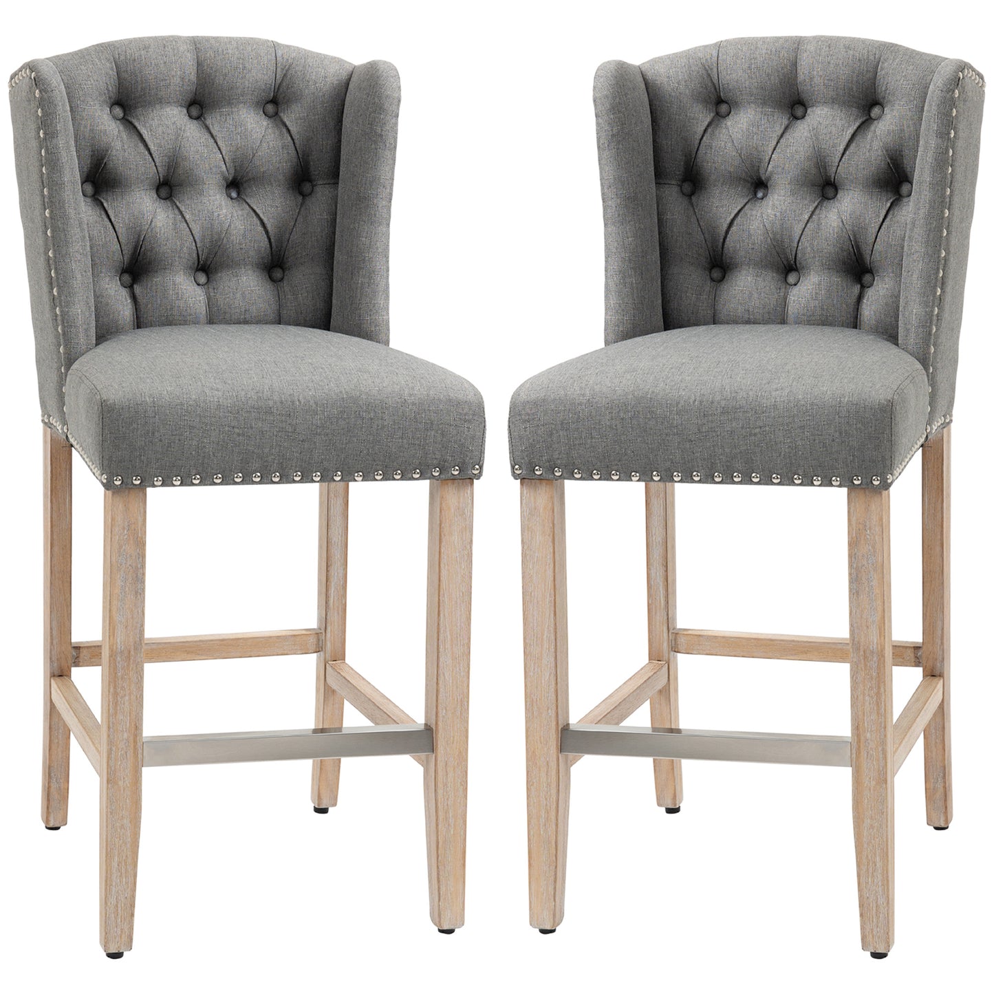 Lot de 2 tabourets de bar rembourrés, avec dossier clouté et repose-pieds, gris