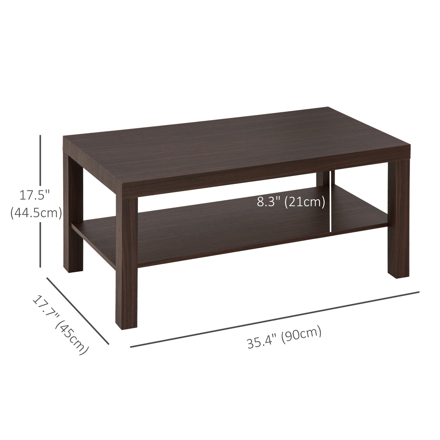 Table basse à 2 niveaux avec étagère de rangement, table centrale rectangulaire pour salon, noyer