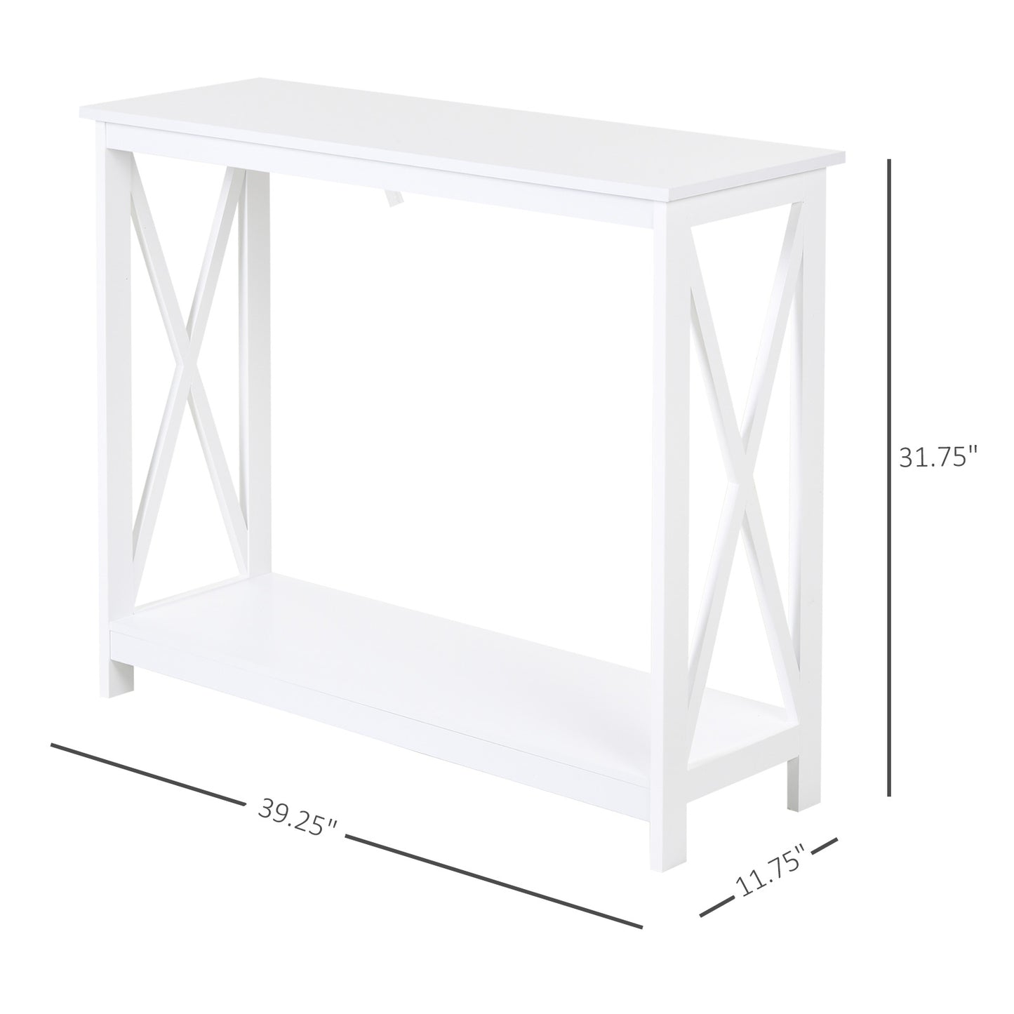 Console d'entrée étroite à 2 niveaux, design en X, avec étagère de rangement pour derrière le canapé, salon, couloir, blanc