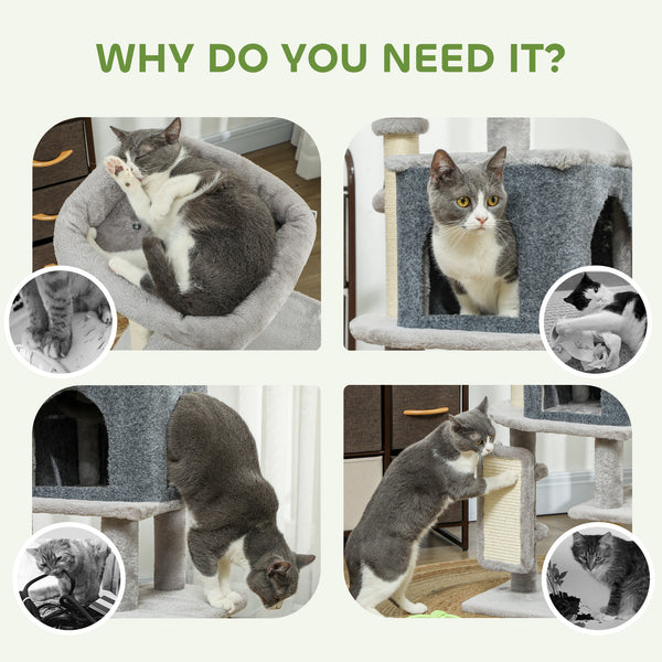 Arbre à chat de 104 cm avec griffoirs, panier, niche, brosse de toilettage