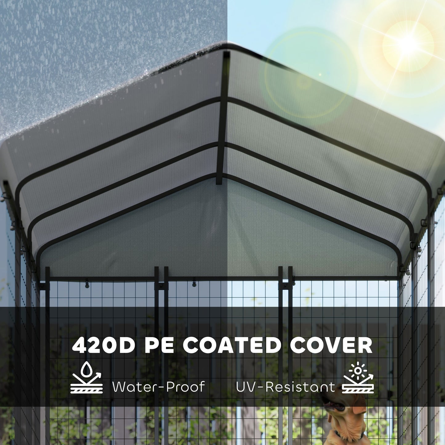 Outdoor Dog Kennel with Waterproof and UV Resistant Cover, 4-Level Rotating and Adjustable Bowls, 1.8 x 1.8 x 1.8 m
