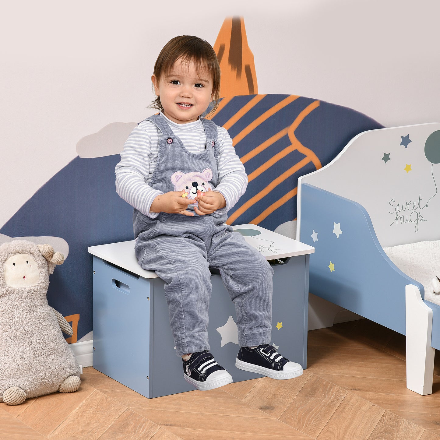 Coffre de rangement en bois pour jouets avec vérin à gaz, 55 x 34 x 35 cm, bleu