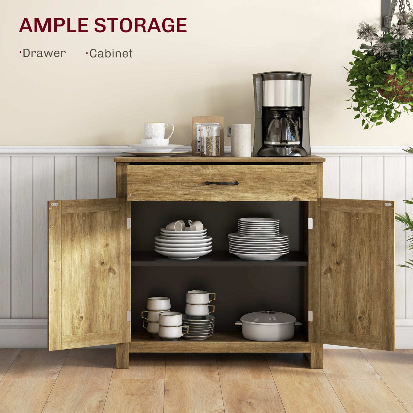 Farmhouse Style Sideboard, Storage Cabinet with Barn Doors, Natural Wood