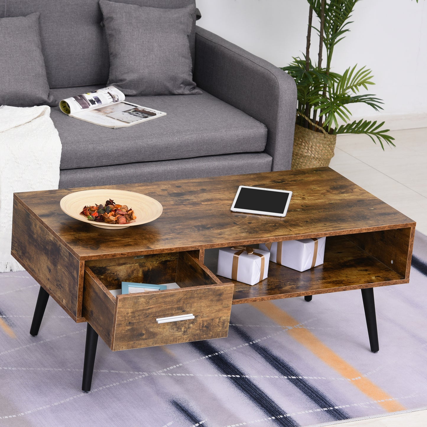 Table basse rétro avec étagère de rangement et tiroir pour salon, marron rustique