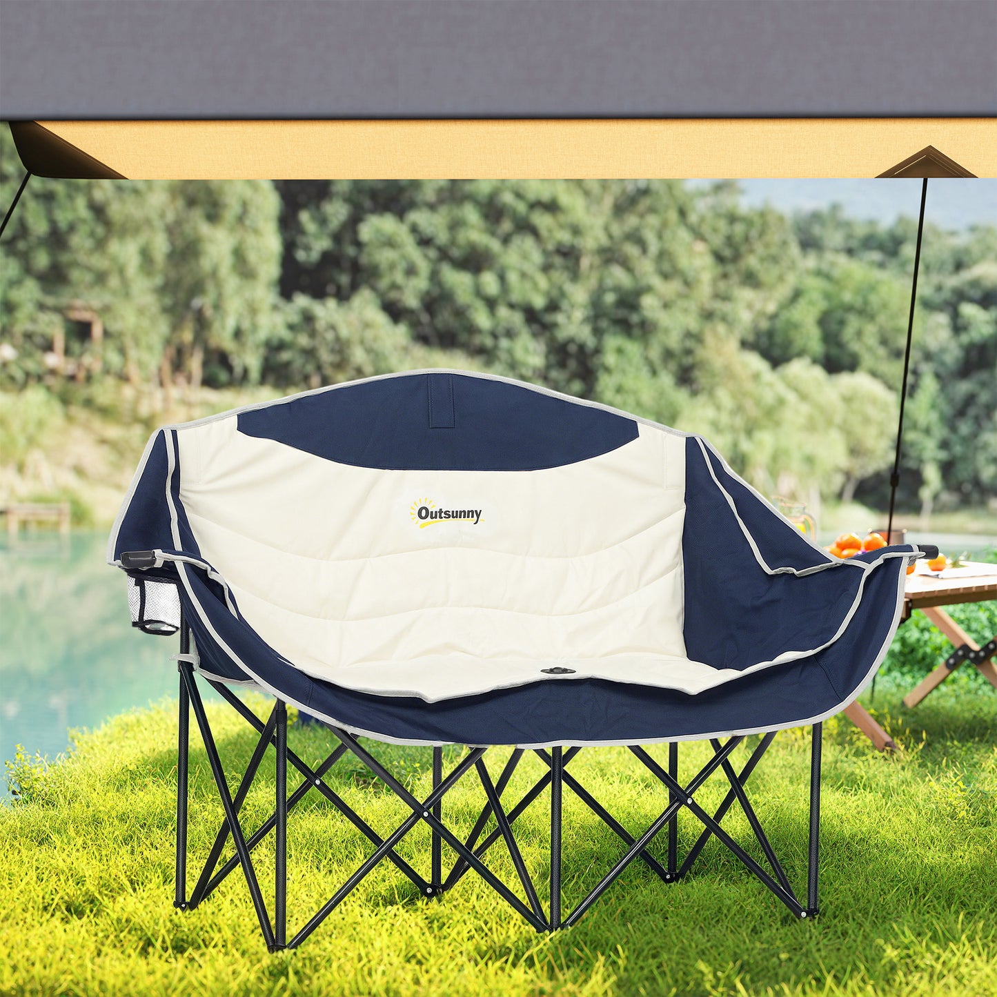 Outsunny Portable Camping Chair, Double Camping Chair with Cup Holders and Carry Bag, Load Capacity: 250kg, Navy Blue