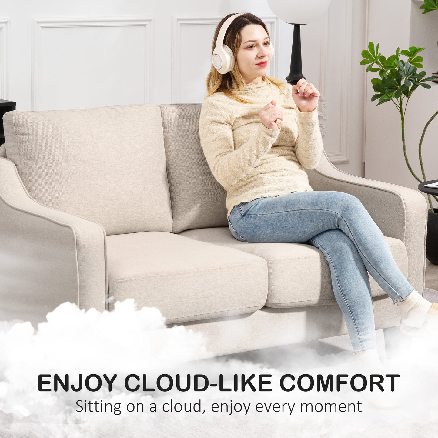Modern sofa with pocket springs, linen upholstery, thick padding, beige