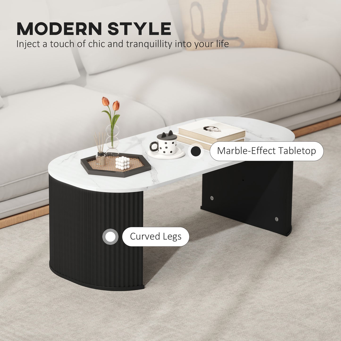 Table de salon moderne effet marbre avec coins arrondis et pieds épais, noire