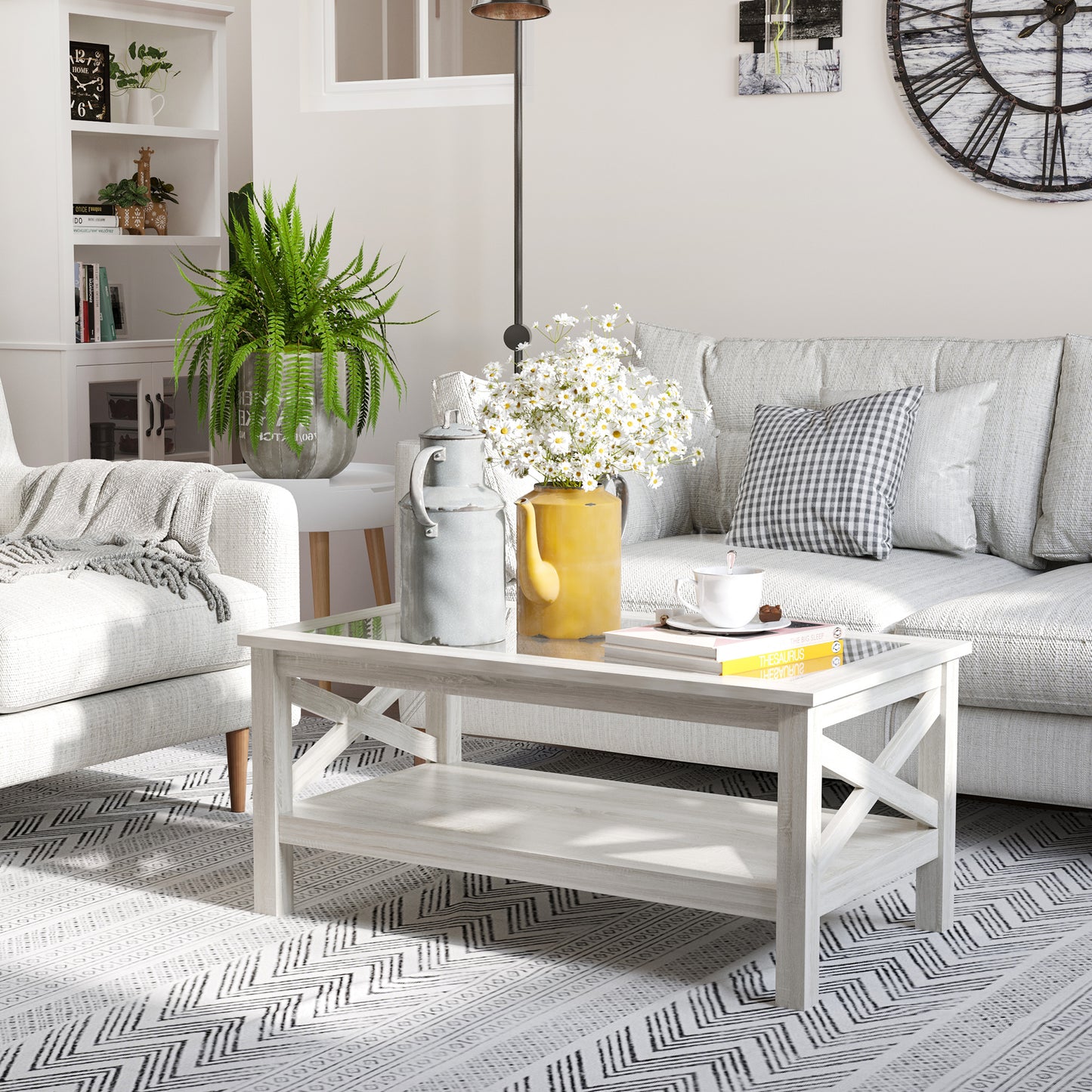 Table basse de style ferme avec plateau en verre trempé