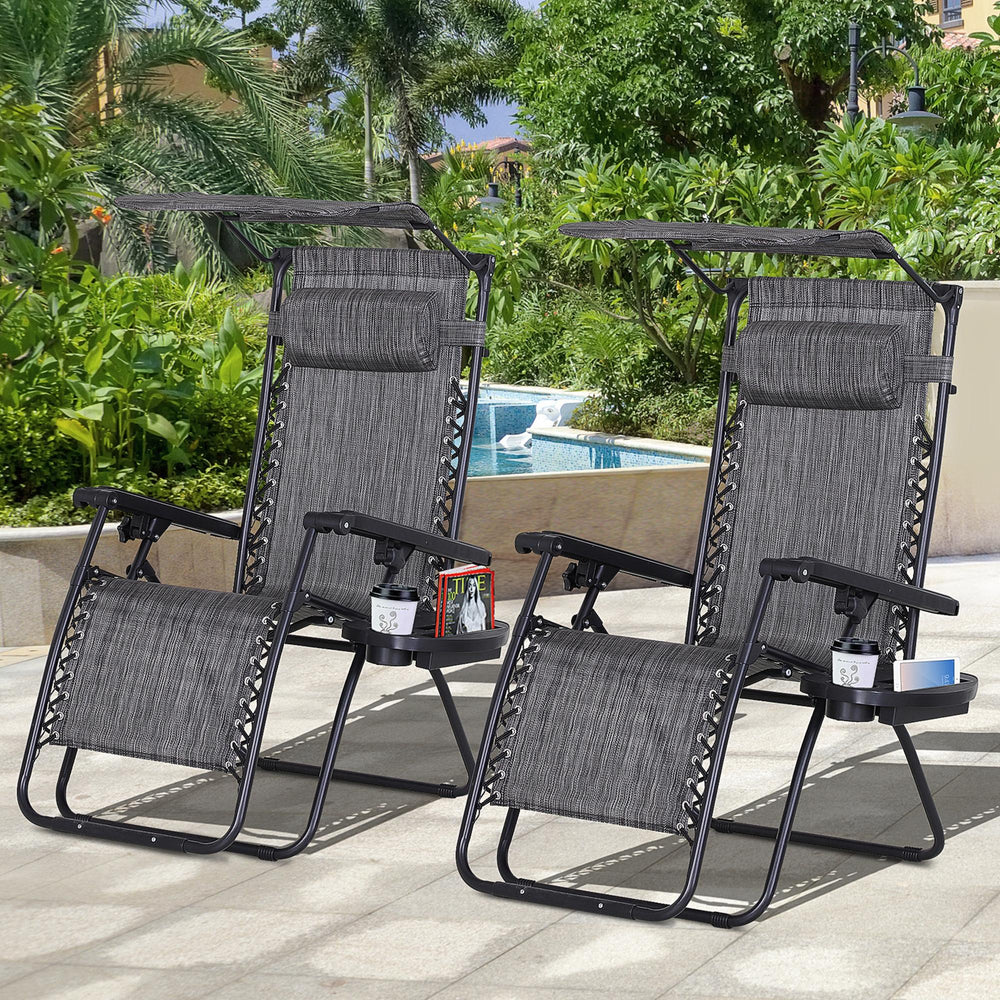 Lot de 2 chaises d'extérieur zéro gravité avec plateau latéral et porte-gobelet, chaise longue inclinable avec assise en tissu maillé respirant, oreiller, gris foncé