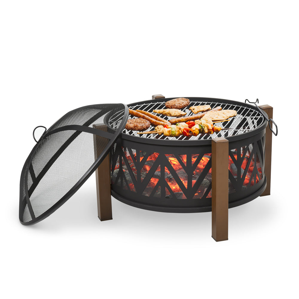 Brasero d'extérieur 31", 2 en 1, avec couvercle, barbecue et tisonnier, pour jardin et camping, noir