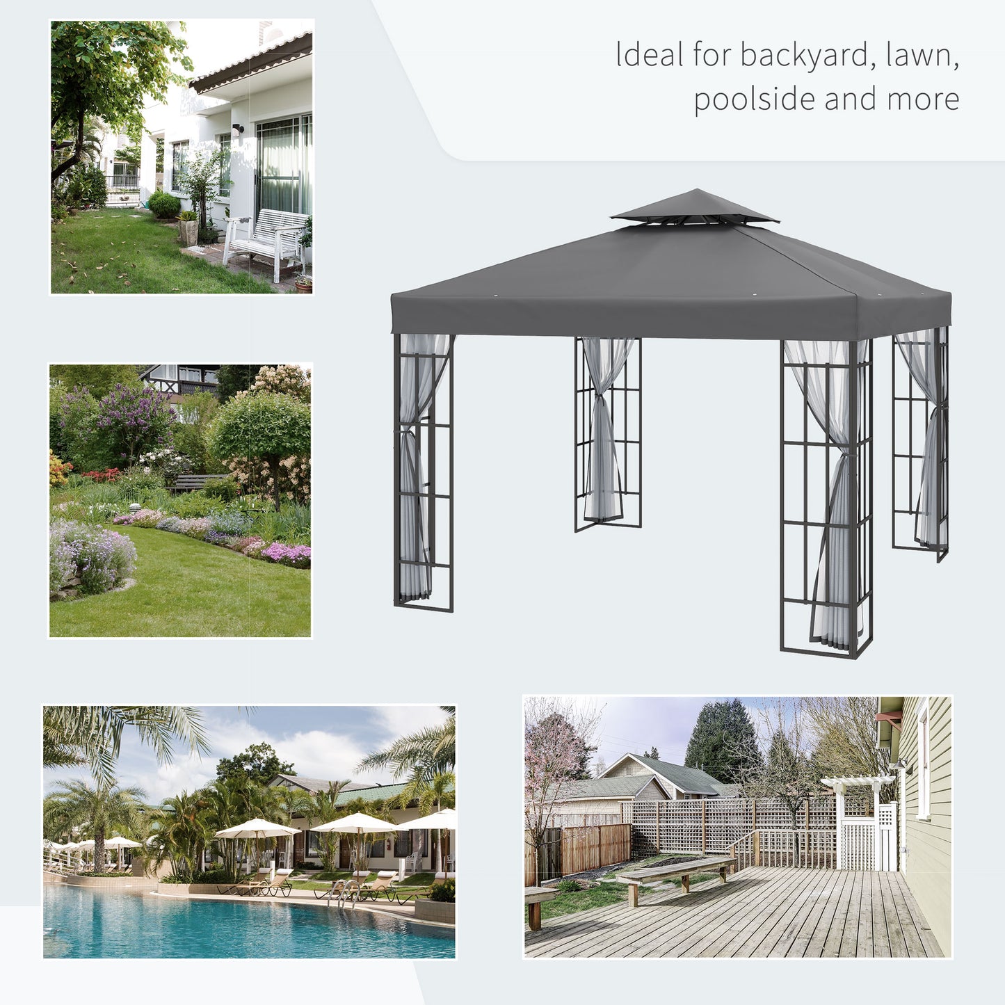 Outsunny 10'x10' Tonnelle de jardin portable avec moustiquaire Gris