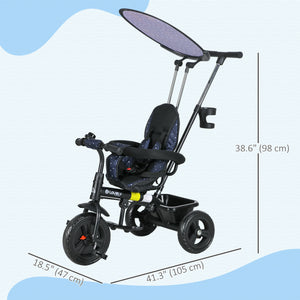 Tricycle 6 en 1 pour enfants avec guidon et auvent amovibles, bleu marine