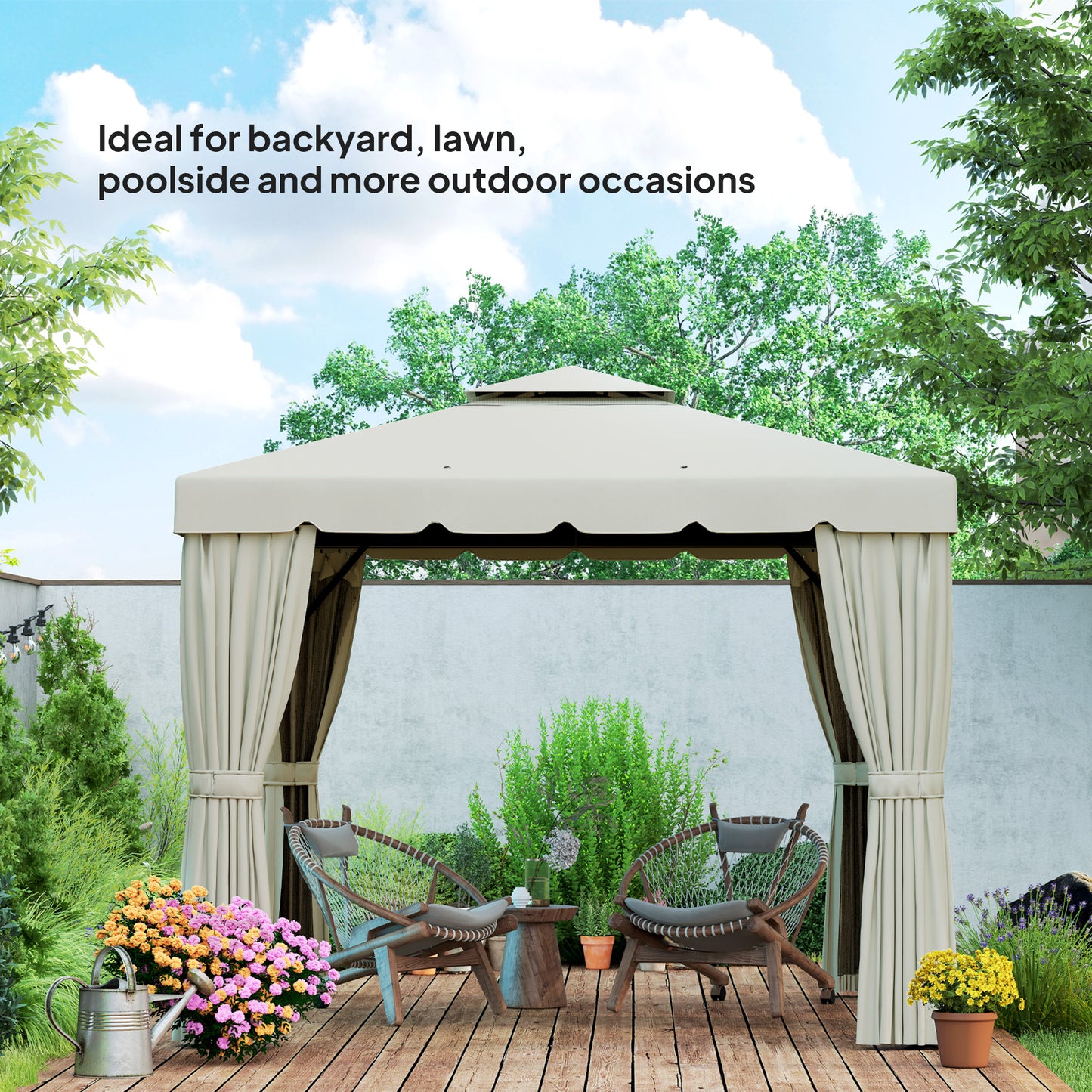 Gazebo 10' x 10' d'extérieur double toit souple avec rideaux et moustiquaires, blanc crème