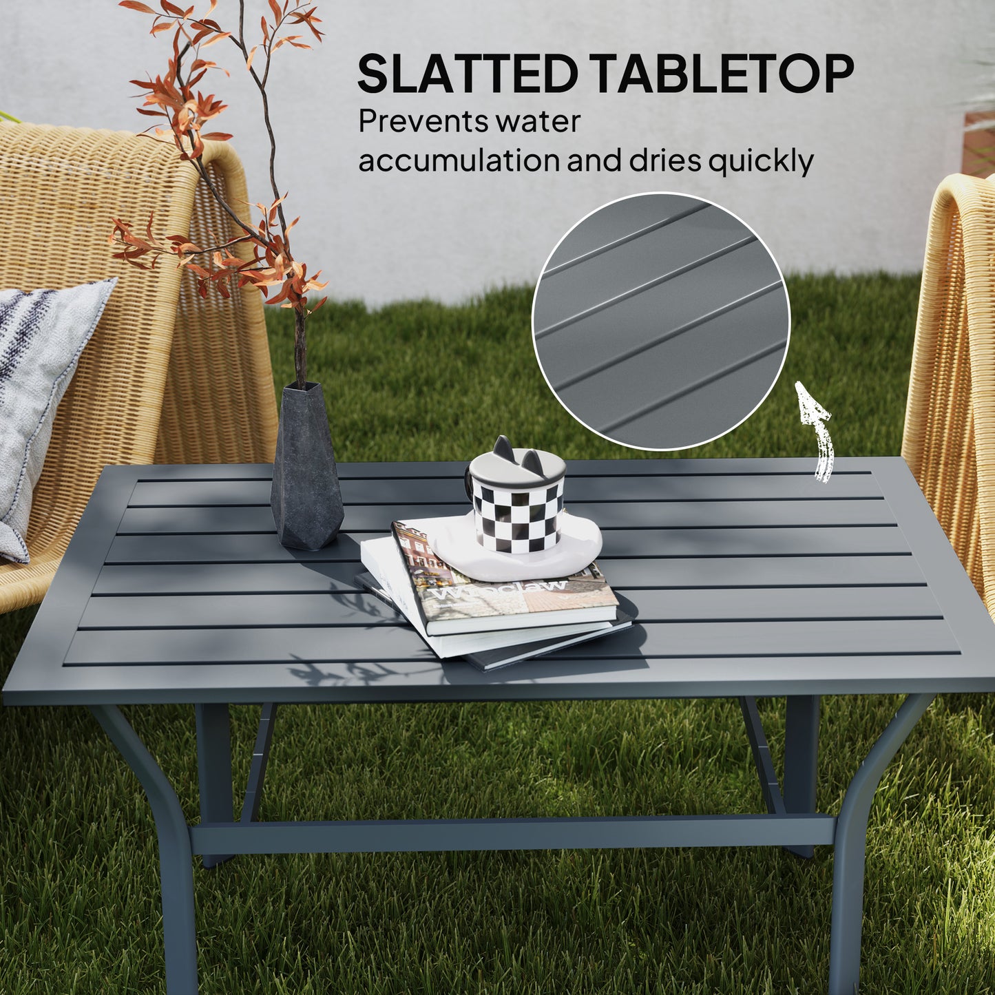 Outsunny Outdoor Side Table with Slatted Top, Metal Coffee Table for Garden and Balcony, Dark Grey