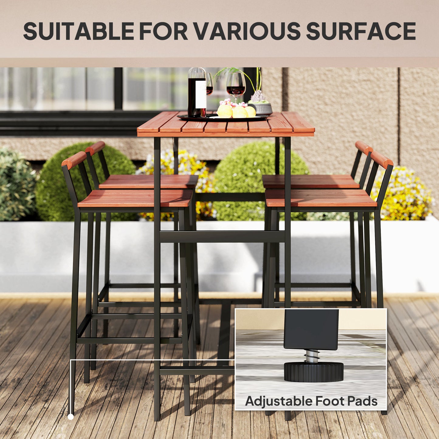 Ensemble de bar Outsunny 5 pièces avec table de 119 cm et 4 tabourets de bar, pour jardin, balcon, véranda, piscine, pelouse, marron