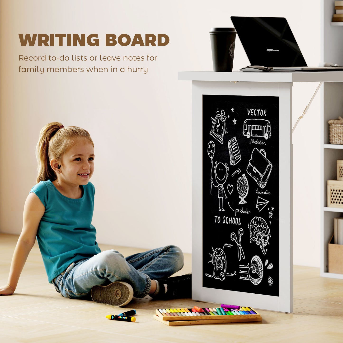 Bureau d'ordinateur mural pliable et convertible avec tableau noir et étagère latérale, blanc