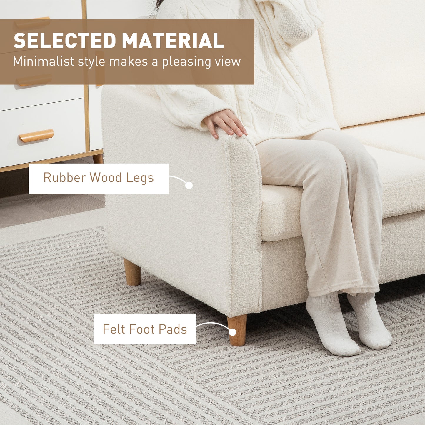 Canapé 2 places avec accoudoirs et pieds en bois pour salon, chambre, blanc crème