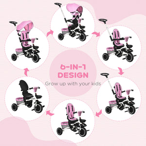 Tricycle 6 en 1 pliable avec siège réglable et poignée de poussée, rose