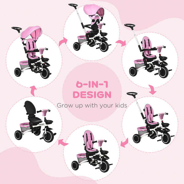 Tricycle 6 en 1 pliable avec siège réglable et poignée de poussée, rose
