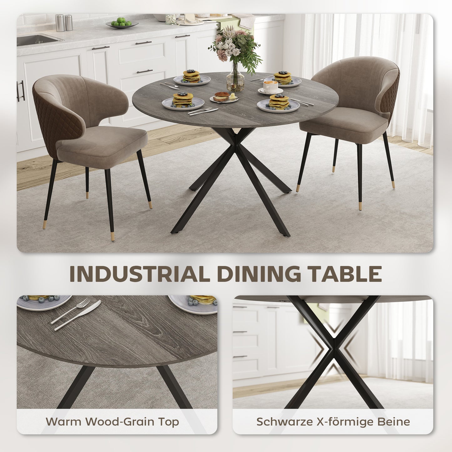 Table de cuisine ronde pour 4 personnes avec pieds en acier, grain de bois gris et noir