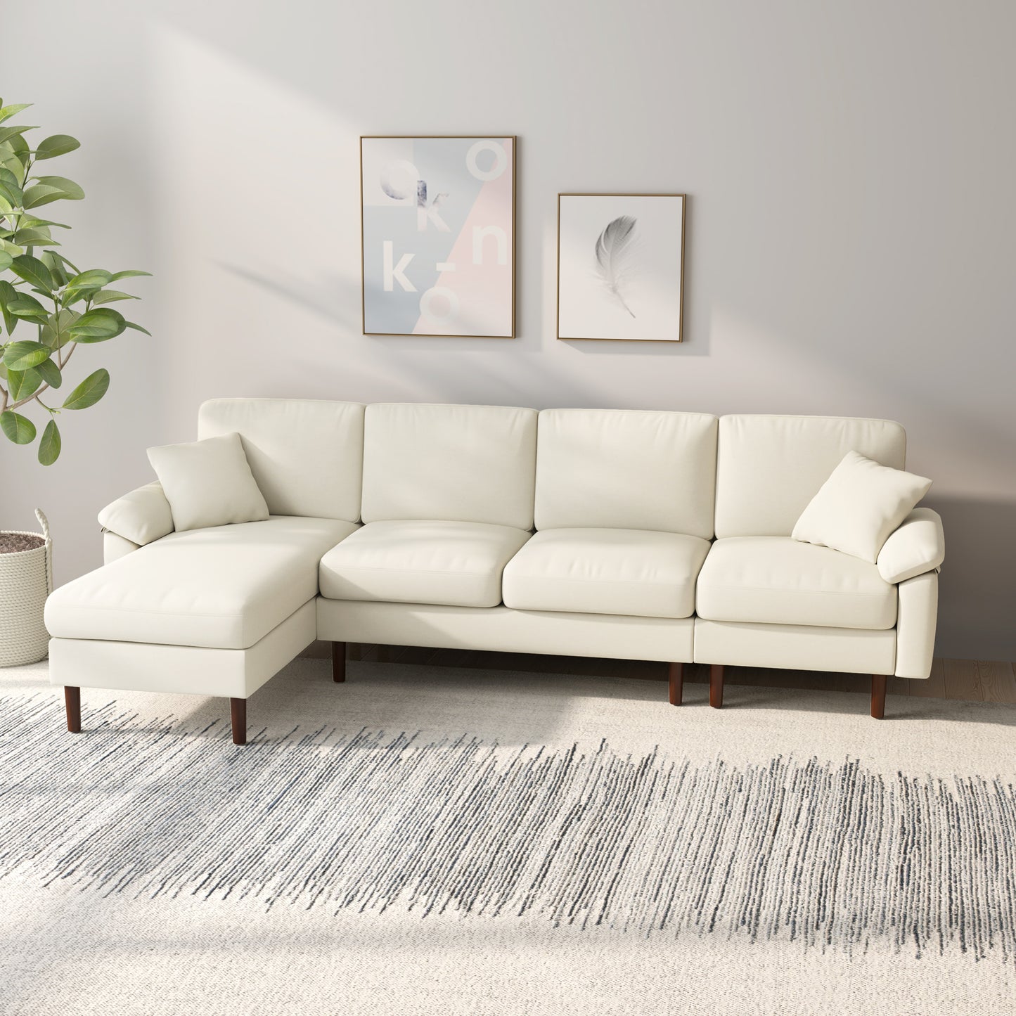 HOMCOM Modern L-Shaped Sectional Sofa with Removable Chaise, Cushions and Wooden Legs for Living Room, Cream White