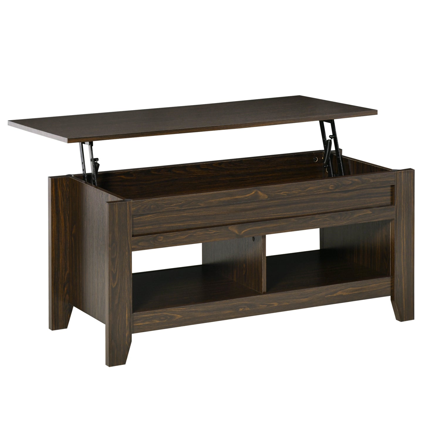 Table basse relevable avec compartiment de rangement dissimulé et étagères ouvertes, noyer foncé