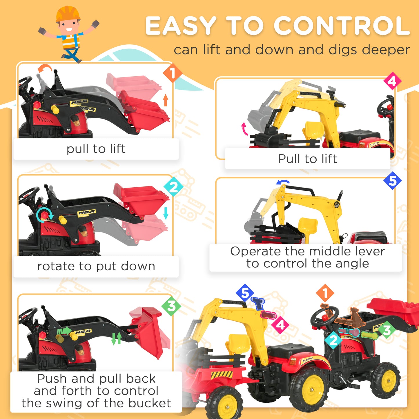 3 in 1 6-wheel excavator, bulldozer with controllable loading trailer and easy-to-use pedals
