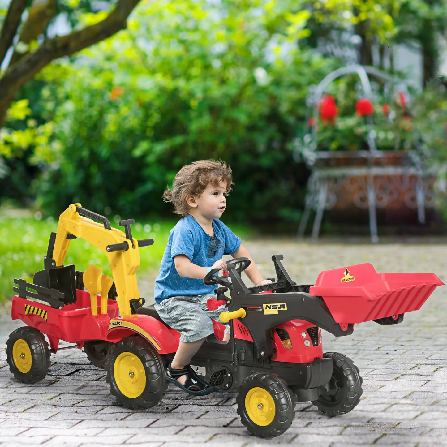 3 in 1 6-wheel excavator, bulldozer with controllable loading trailer and easy-to-use pedals