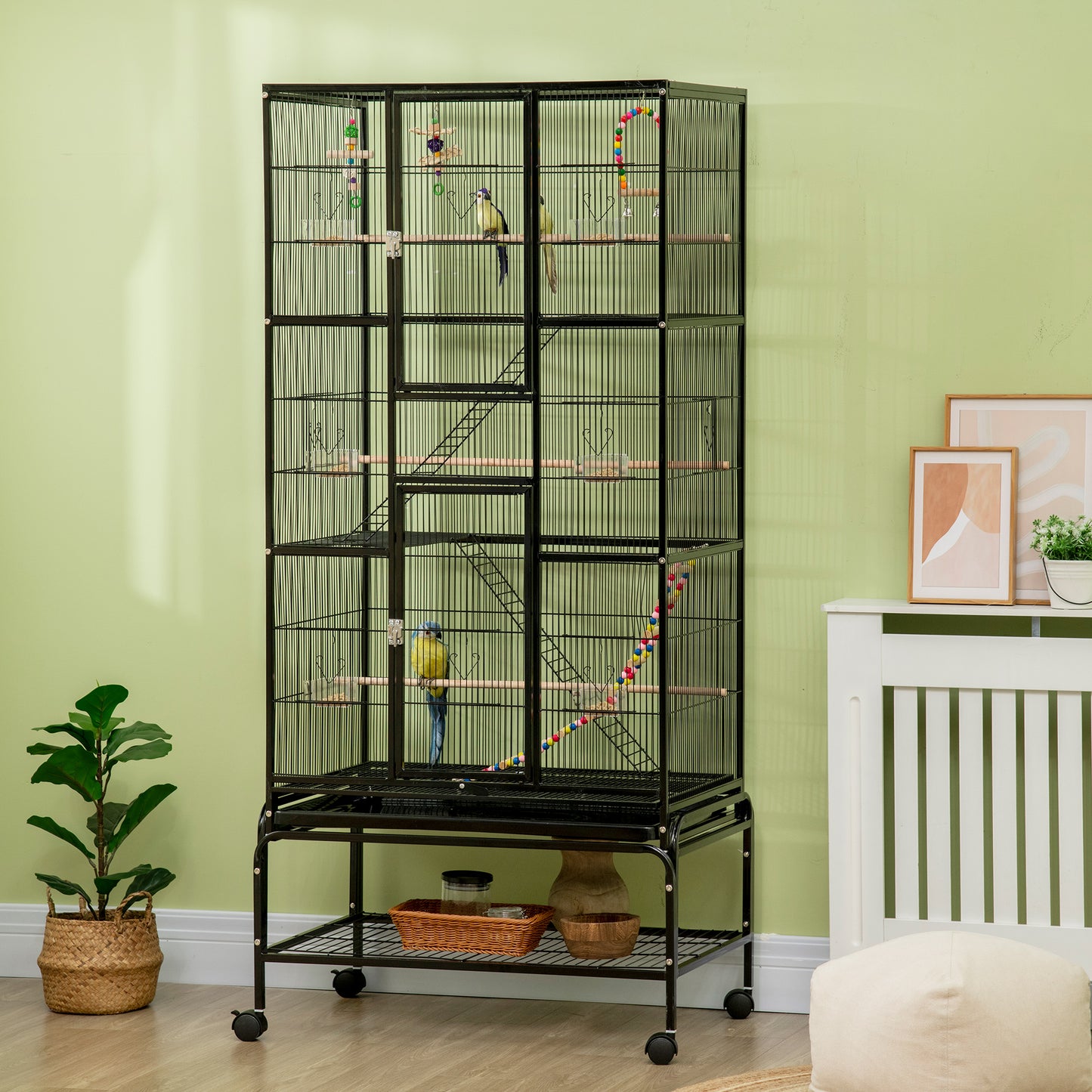 Cage à oiseaux avec roulettes, perchoirs, rampe, étagère de rangement, jouets pour canaris, pinsons, calopsittes et perruches, noire