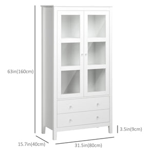 Meuble de rangement avec étagères à 3 niveaux, 2 tiroirs et portes vitrées, blanc