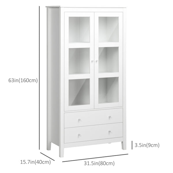Meuble de rangement avec étagères à 3 niveaux, 2 tiroirs et portes vitrées, blanc