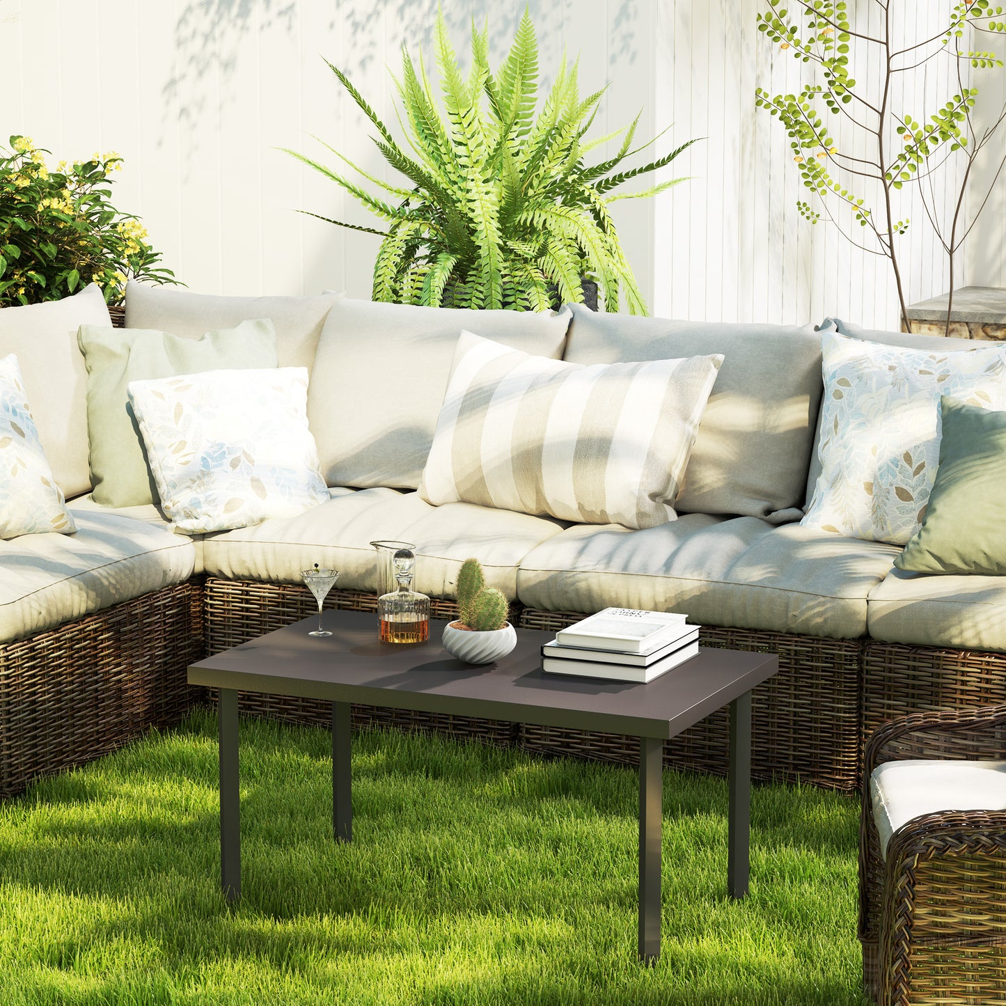 Outsunny Outdoor Metal Side Table, Rectangular Coffee Table with Faux Wood Top for Outdoor Garden, Brown