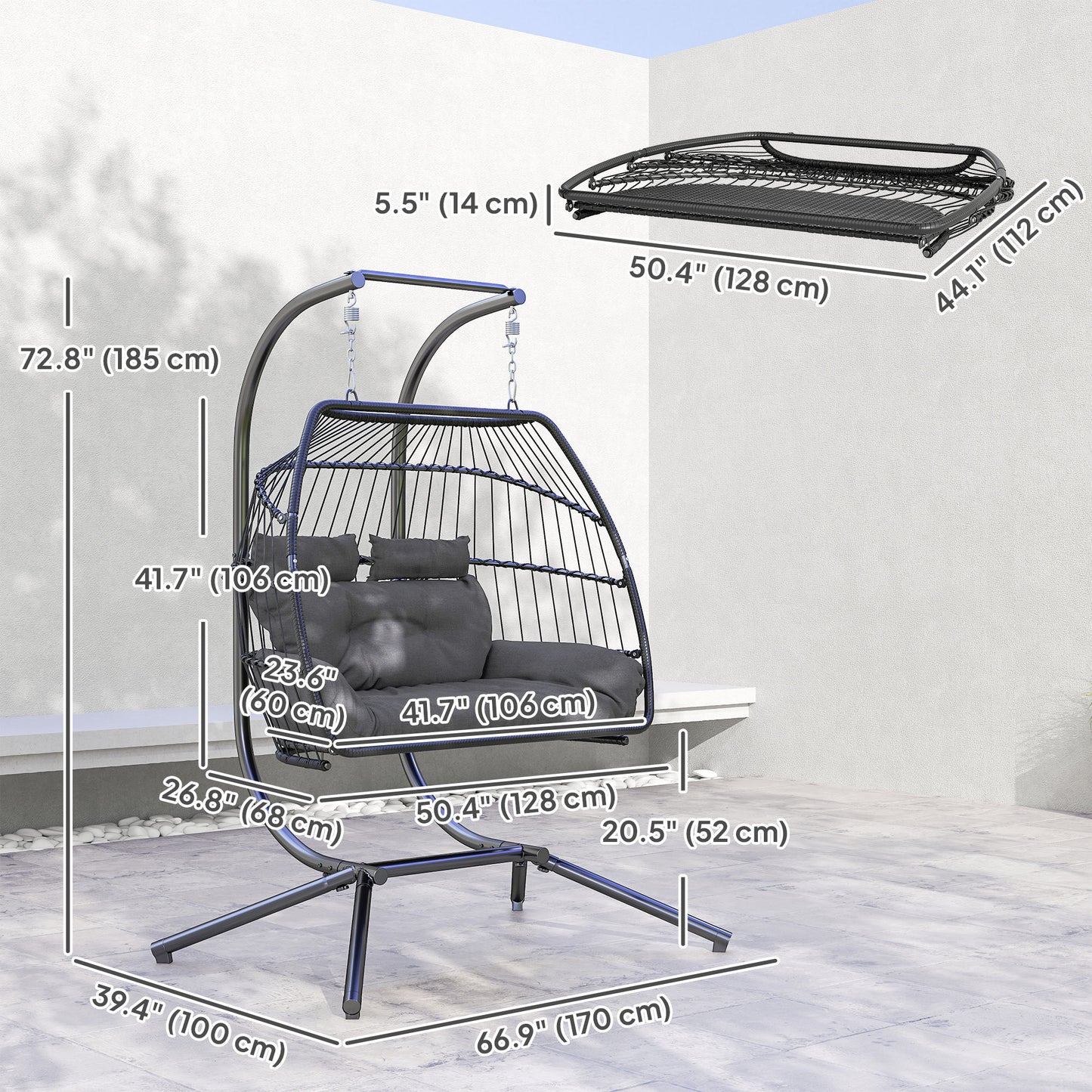 Outsunny Balancelle double en osier avec support, pliable et suspendue, coussin résistant aux UV, appui-tête, gris foncé