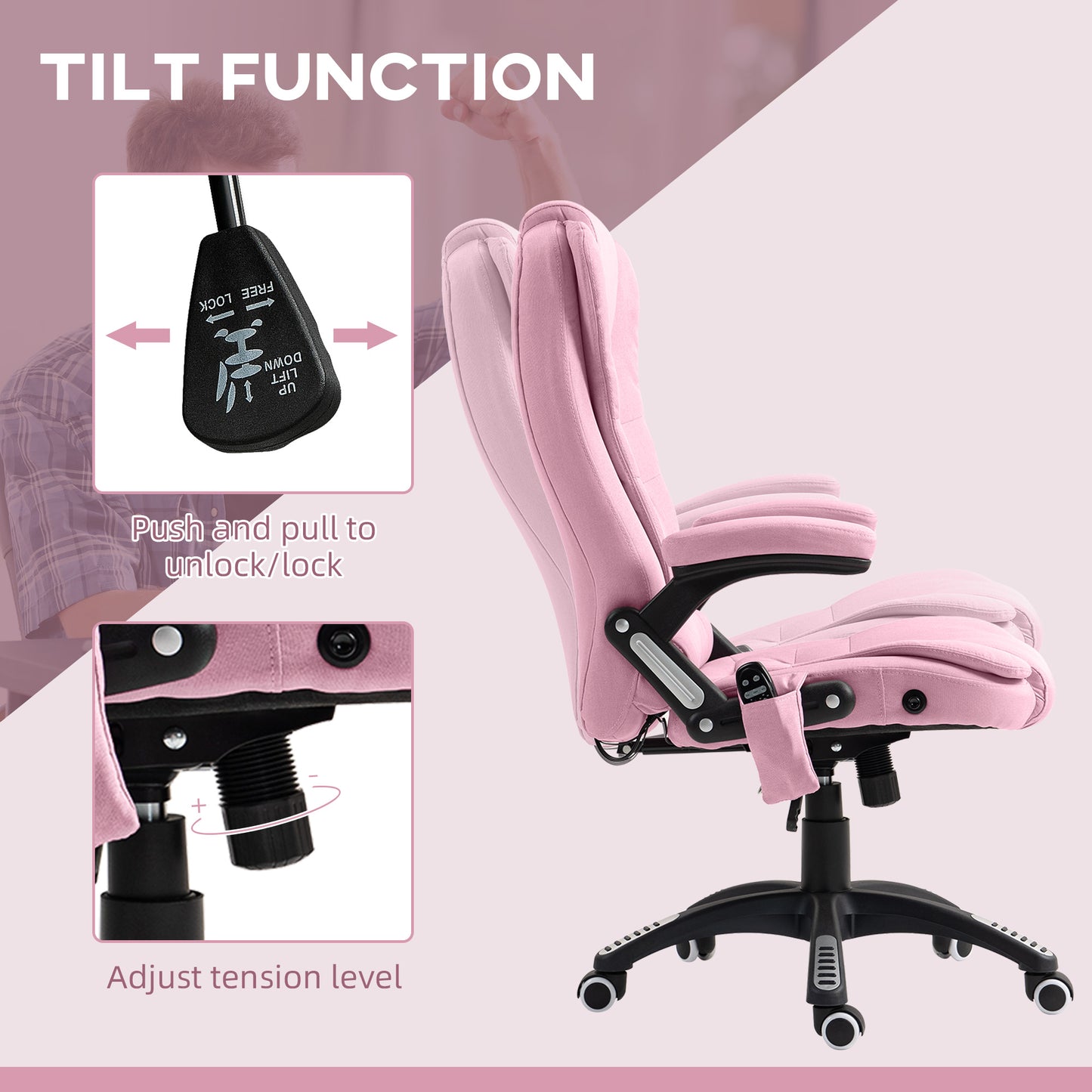 Office Chair with 6 Vibrating Massage Points, High Back, Reclining, Swivel Casters, Pink